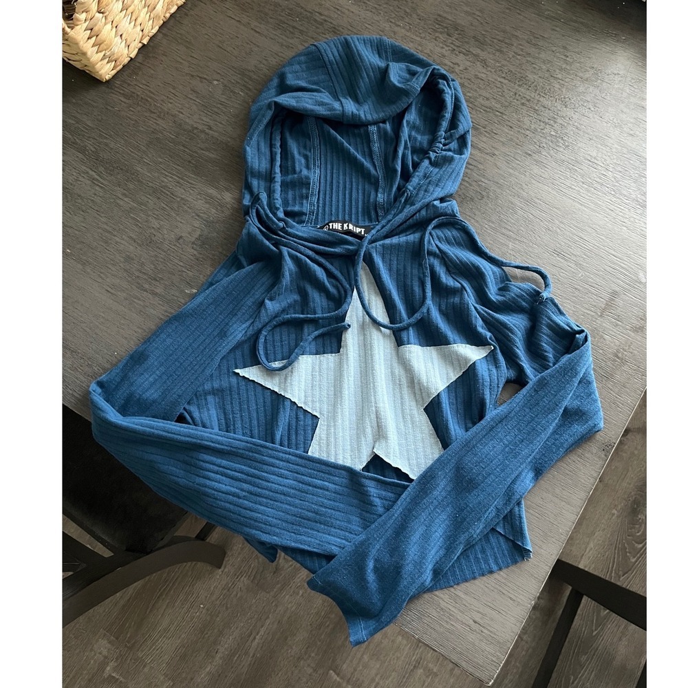 THE KRIPT Blue Ribbed Star Patch Cropped Hoodie Long Sleeve Festival Grunge M